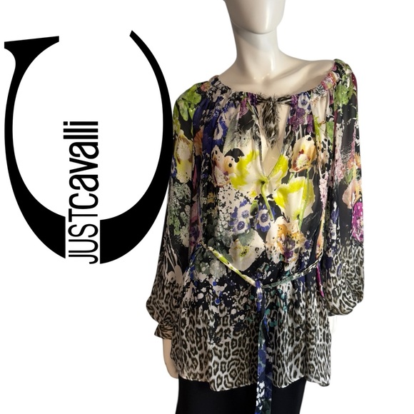 Just Cavalli Tops - Just Cavalli Floral Leopard Print Sheer Blouse in Multicolor